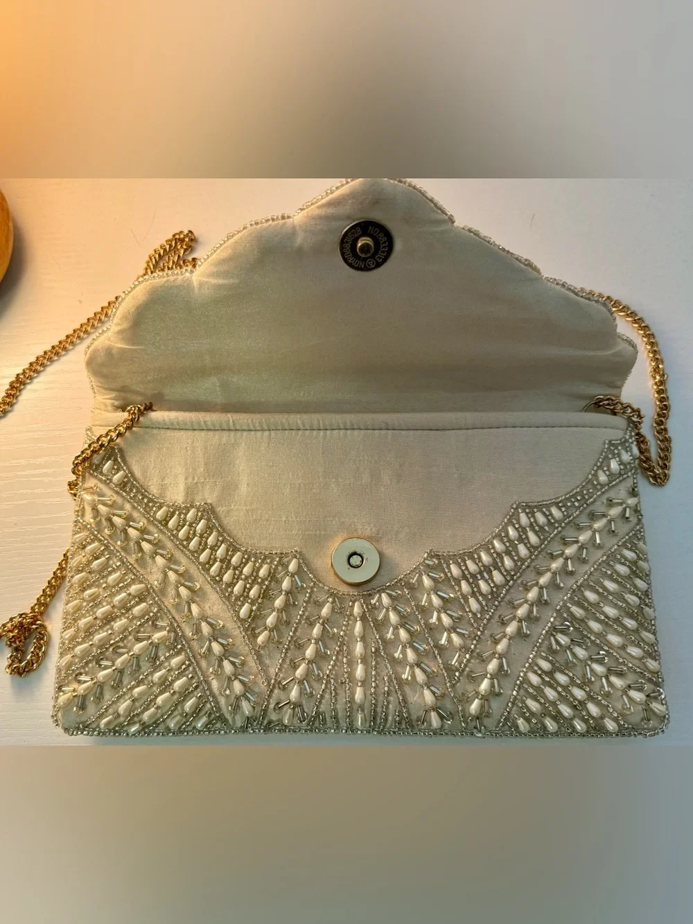 Lulu's Ivory Beaded Clutch with Gold Chain Strap